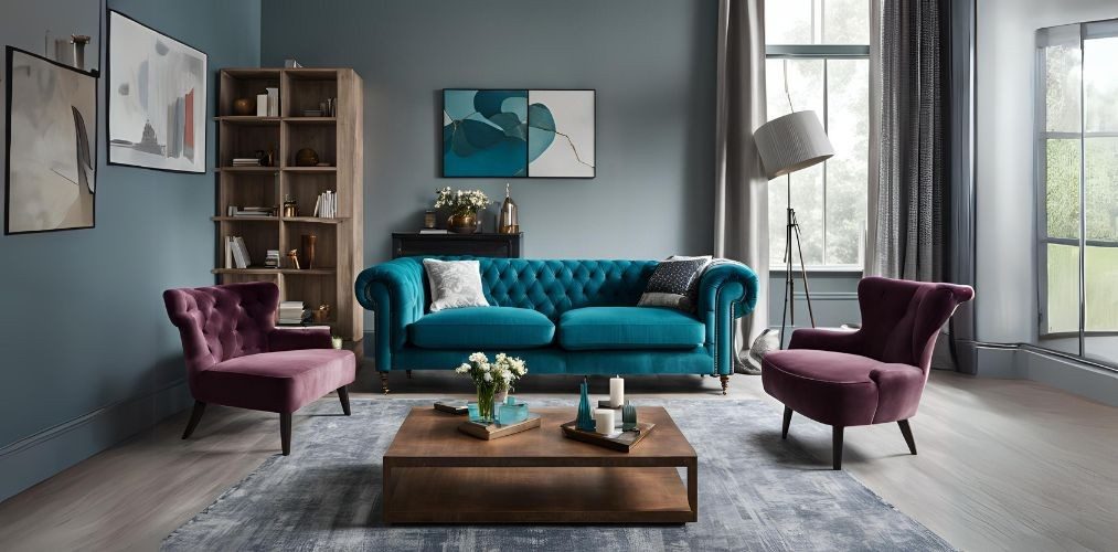 Modern living room with teal blue chesterfield sofa - Beautiful Homes