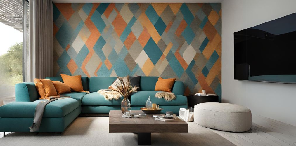 Modern living room with teal sofa and colorful textured wall-Beautiful Homes