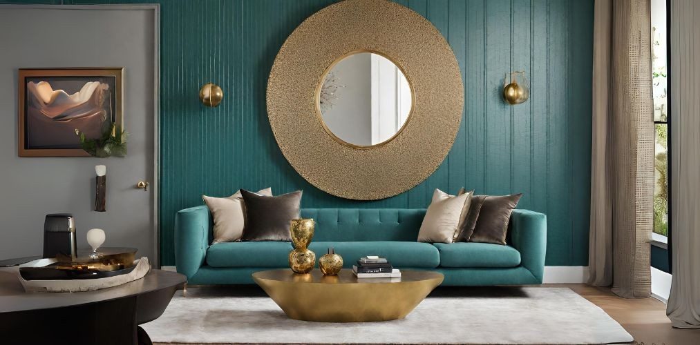 Modern living room with teal textured wall and gold wall mirror - Beautiful Homes