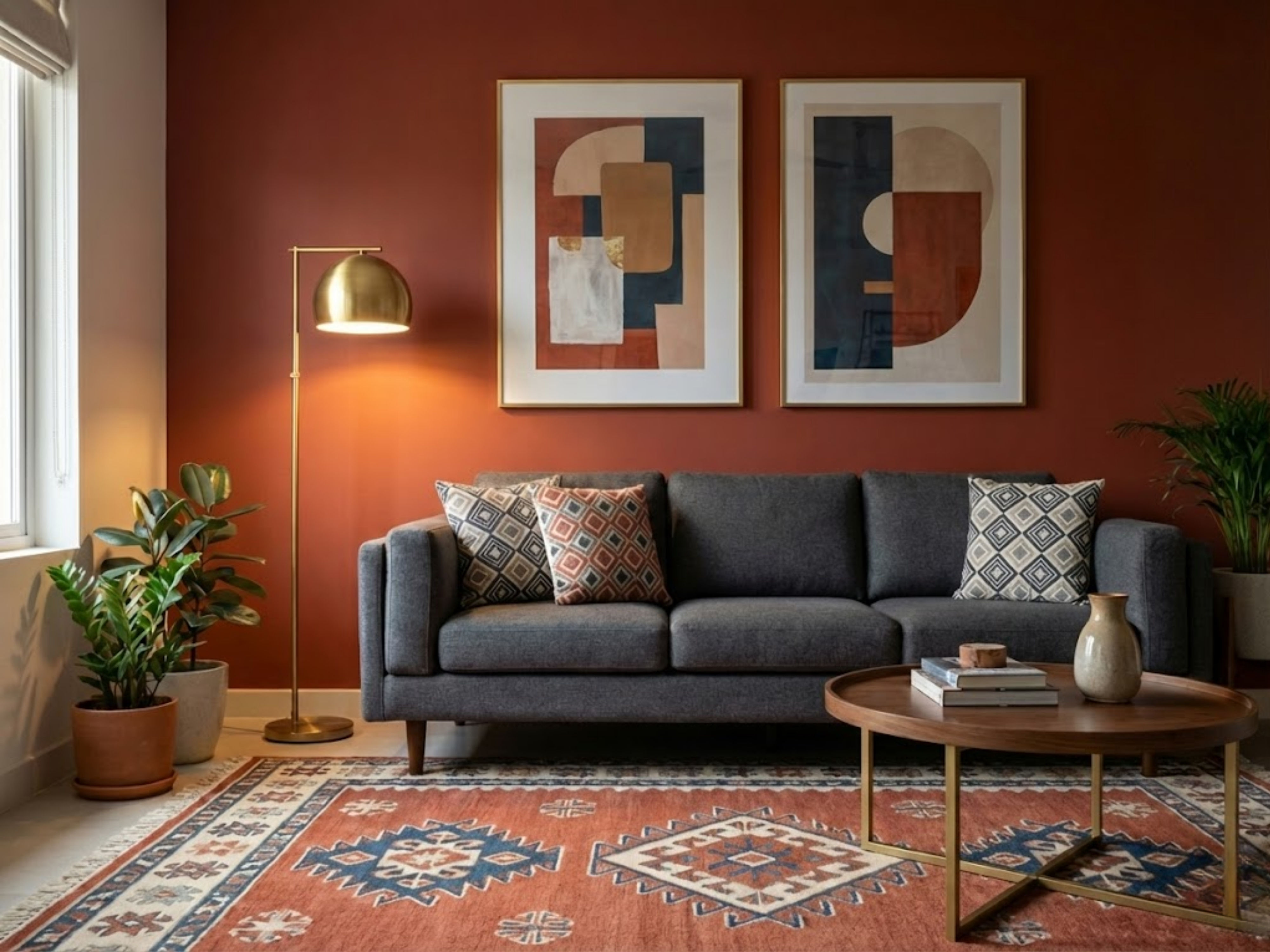 Living room with grey sofa and terracotta wall - Beautiful Homes