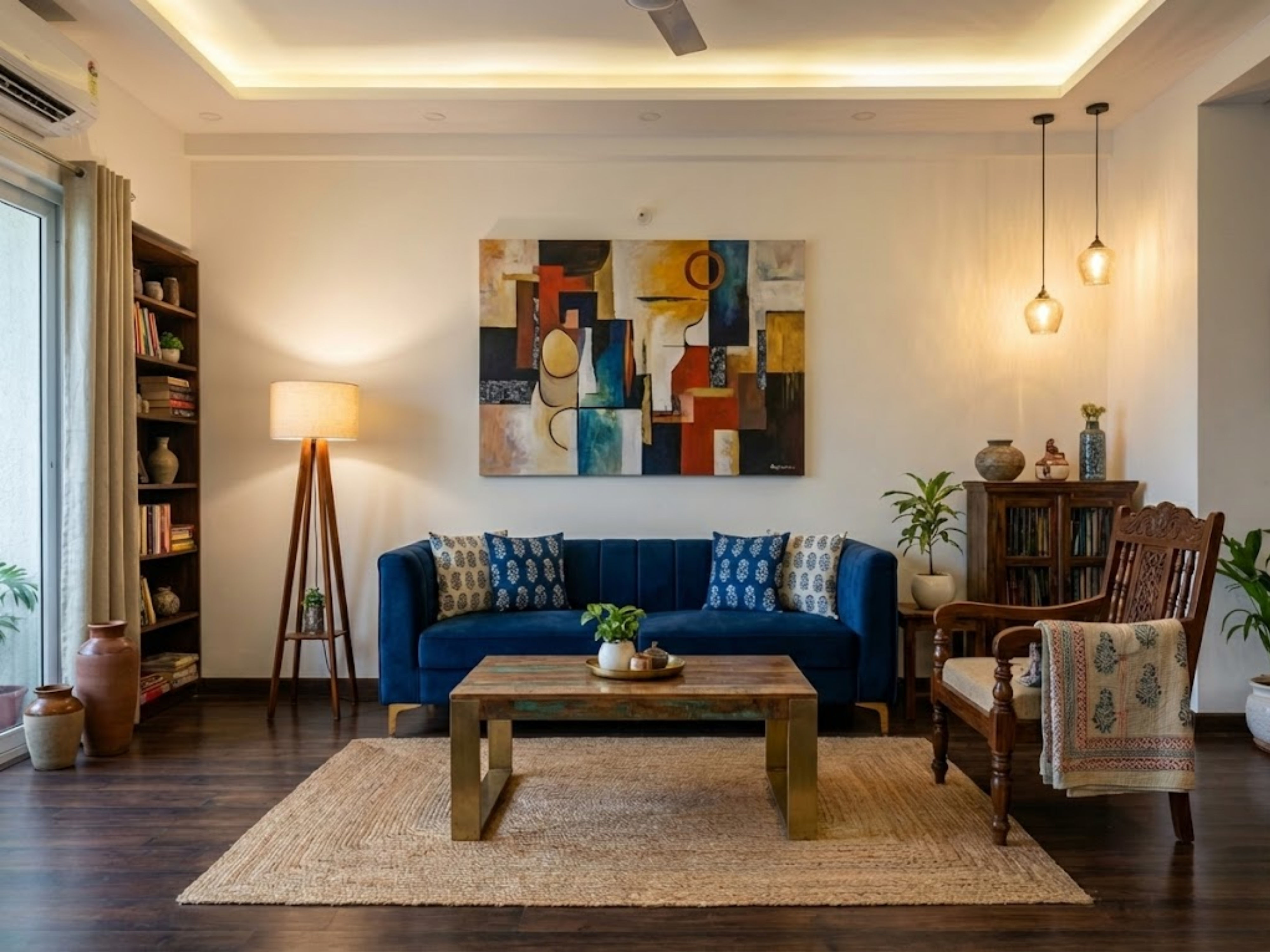 Living room with blue sofa and abstract art - Beautiful Homes