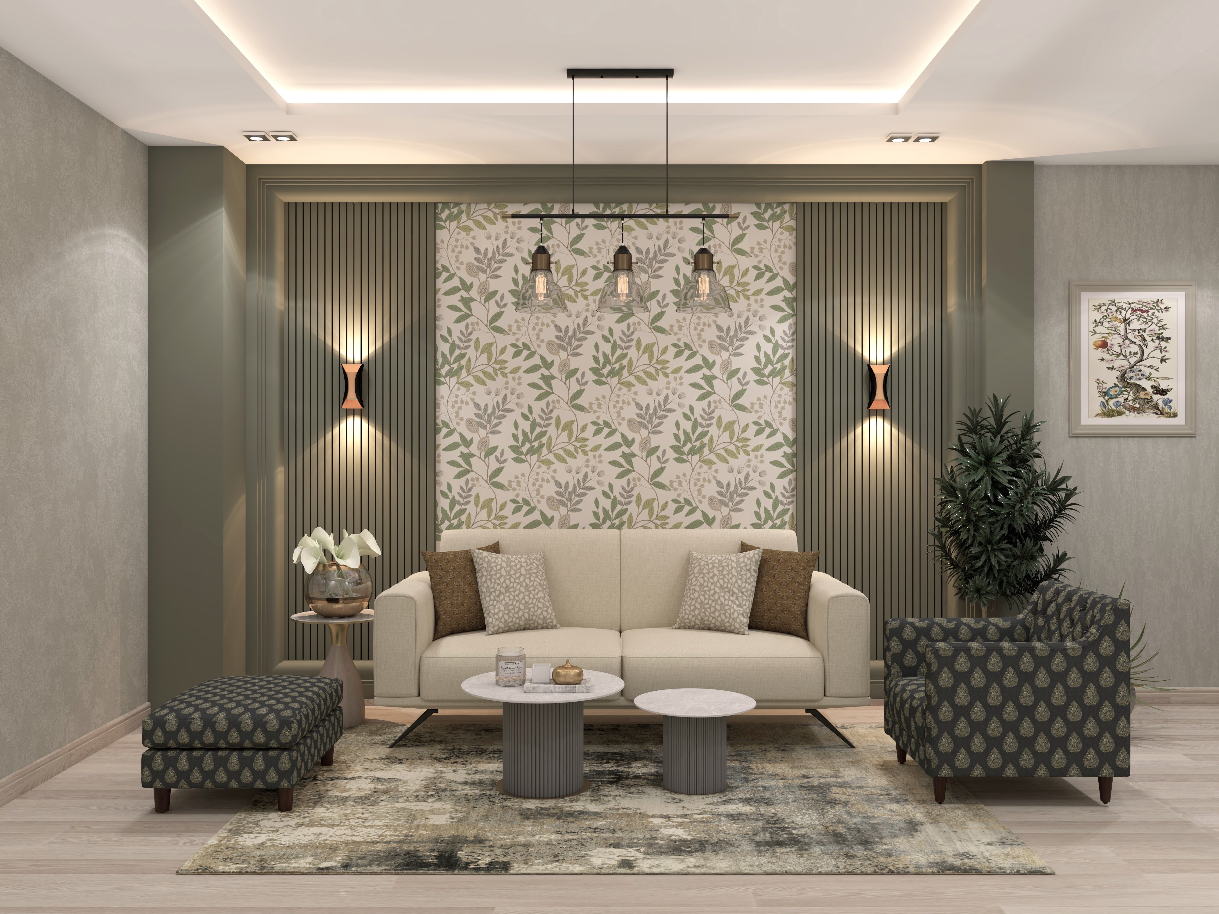 Modern living room with patterned décor and lighting - Beautiful Homes