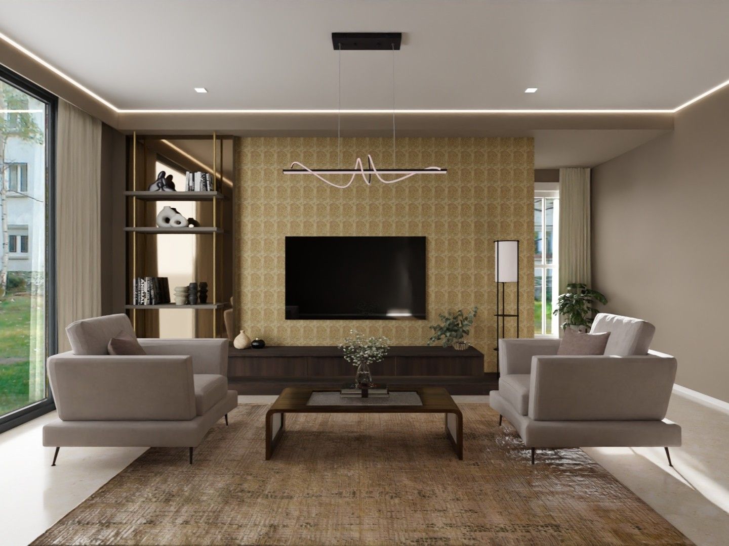 Elegant living room with beige armchairs, a dark coffee table, and a large TV on a patterned wall - Beautiful Homes