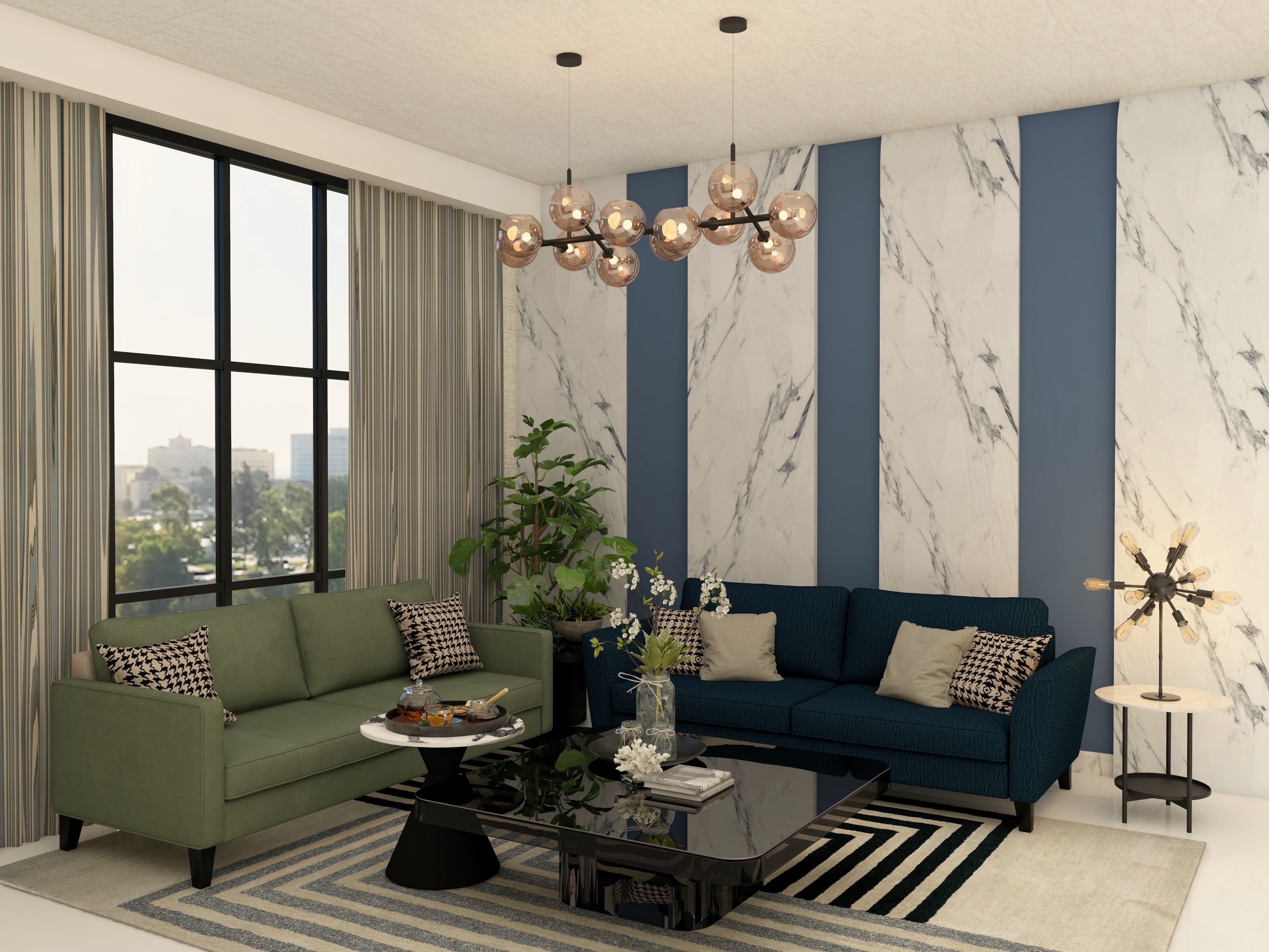 Modern living room with white and blue wall paneling - Beautiful Homes