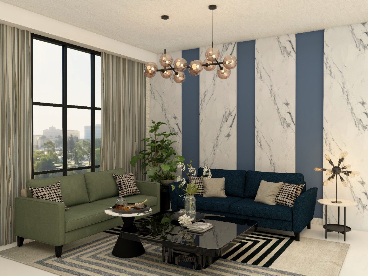 Modern living room with white and blue wall paneling - Beautiful Homes