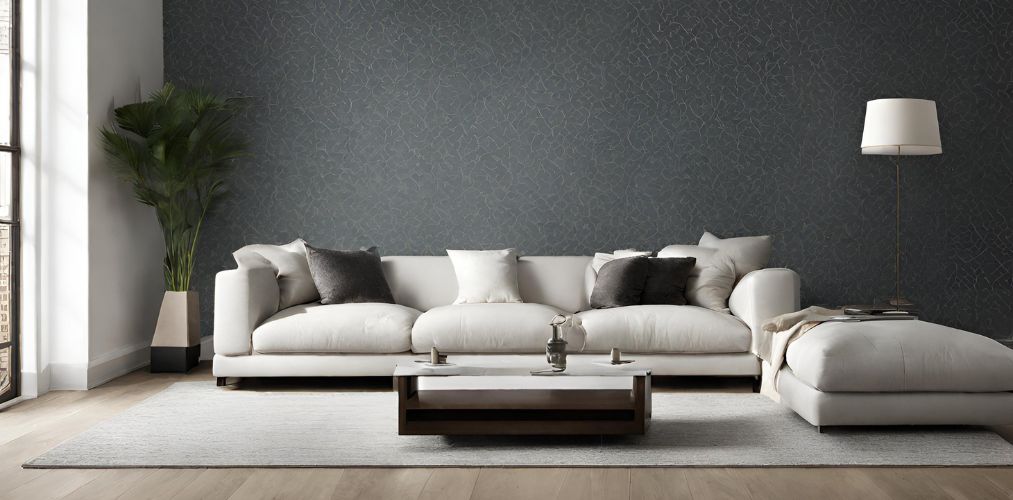 Modern living room with white sofa set and grey wallpaper - Beautiful Homes