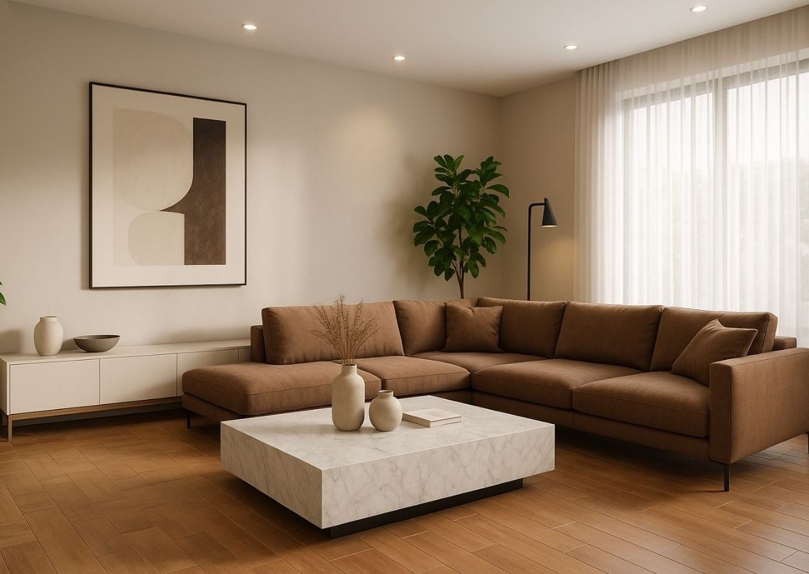 Modern living room with wooden flooring and marble table - Beautiful Homes