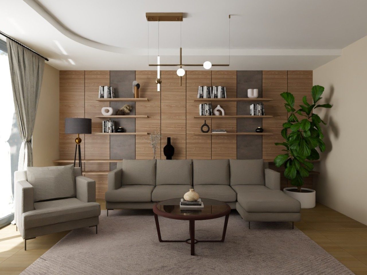 Neutral living room with wooden wall and cozy décor - Beautiful Homes