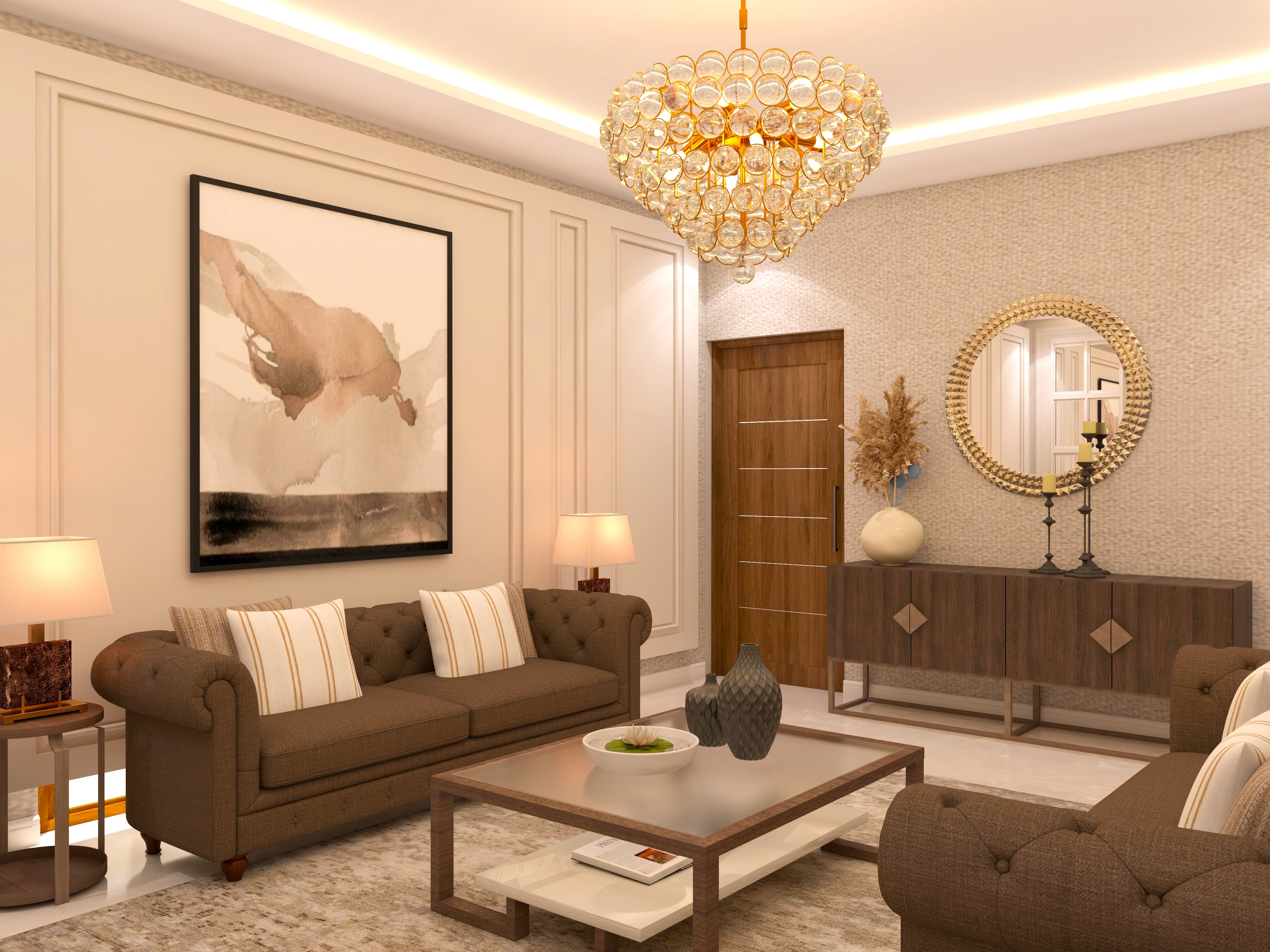 White and brown living room with chandelier and console unit-Beautiful Homes