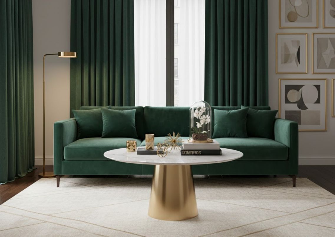 Living room with green sofa and gold table - Beautiful Homes