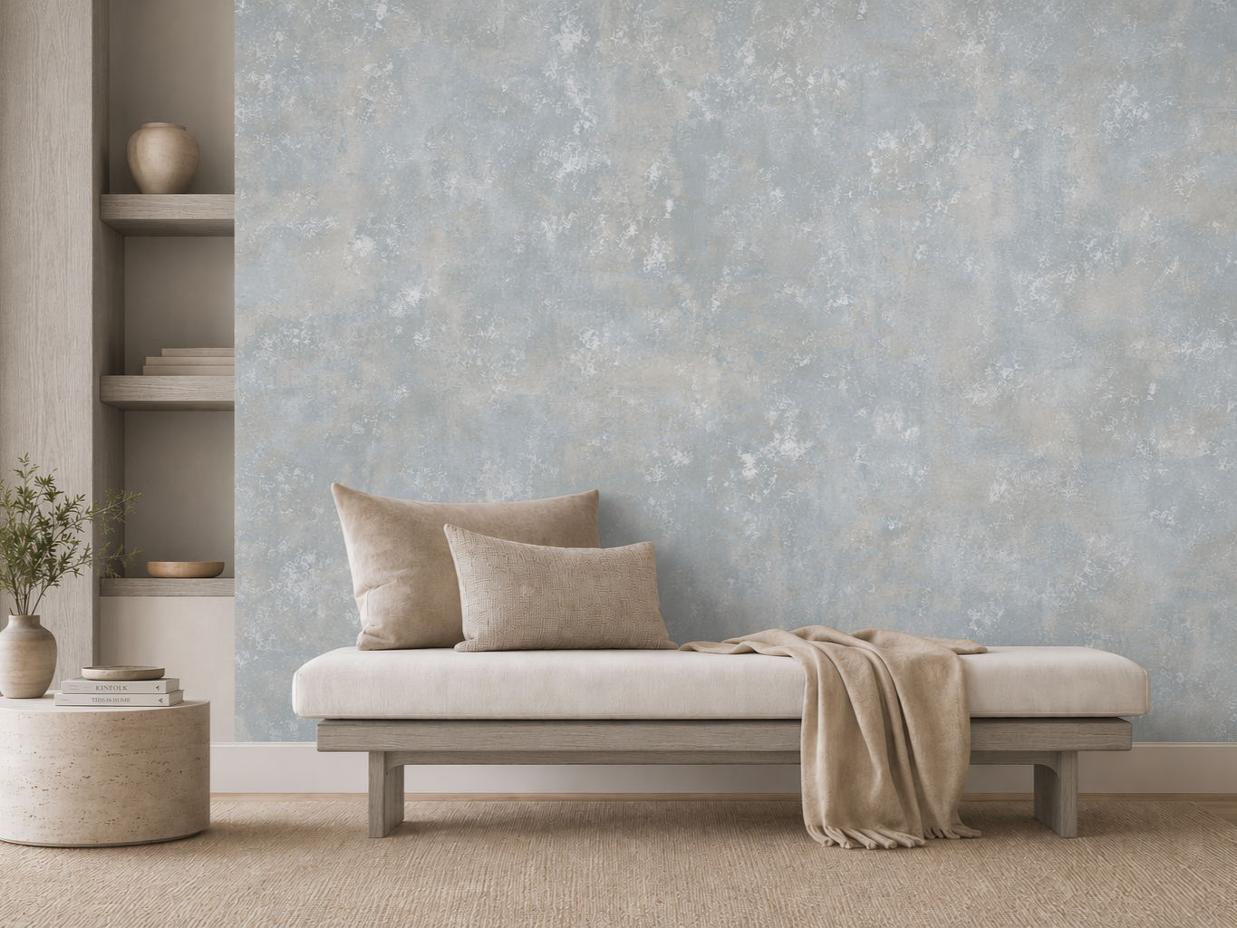 Blue-grey wallpaper with a distressed plaster-like texture in soft slate, grey, and off-white tones - Beautiful Homes