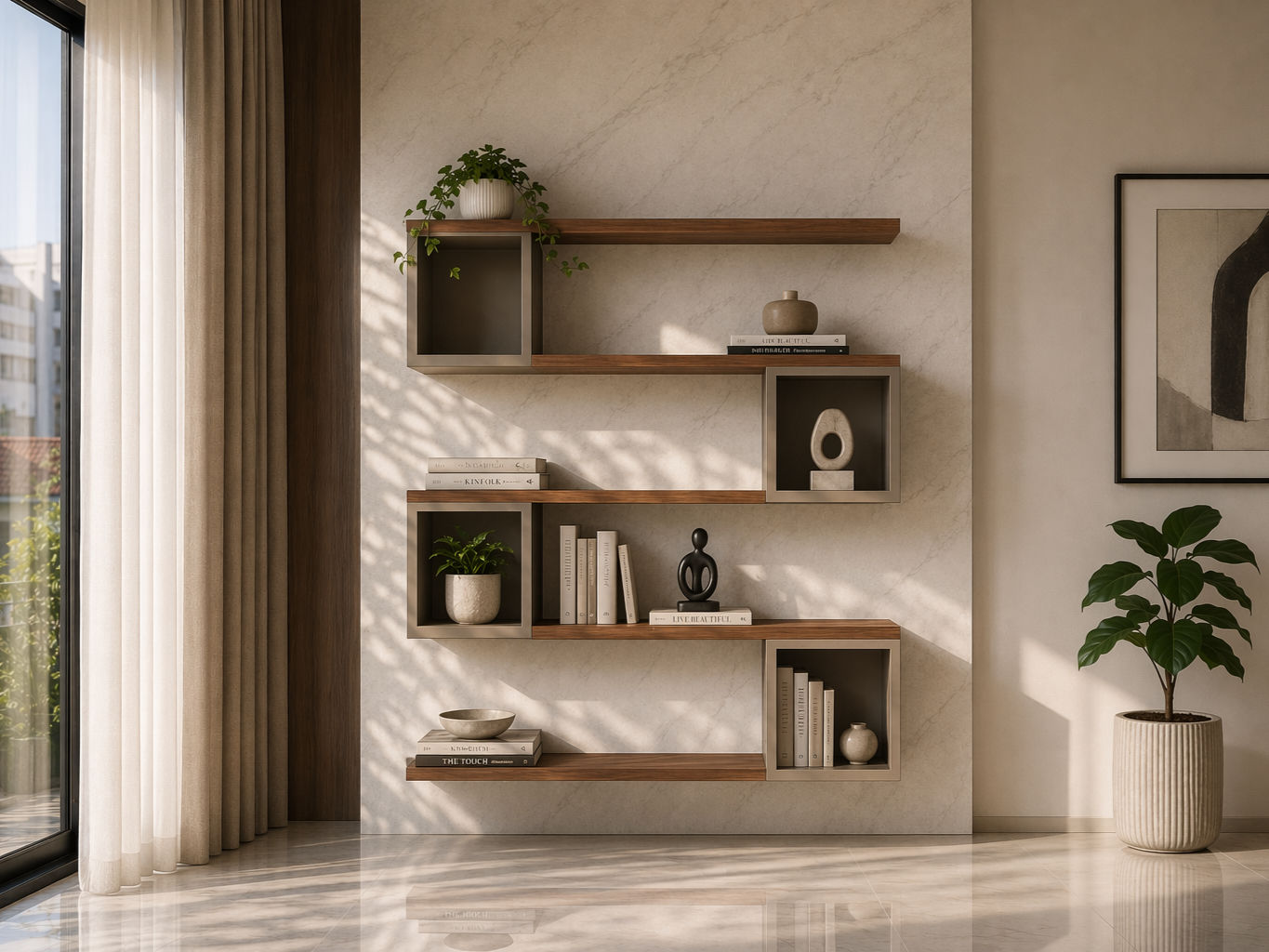 Wall-mounted bookshelf with warm wood shelves, metallic grey open box compartments, and curated décor styling - Beautiful Homes