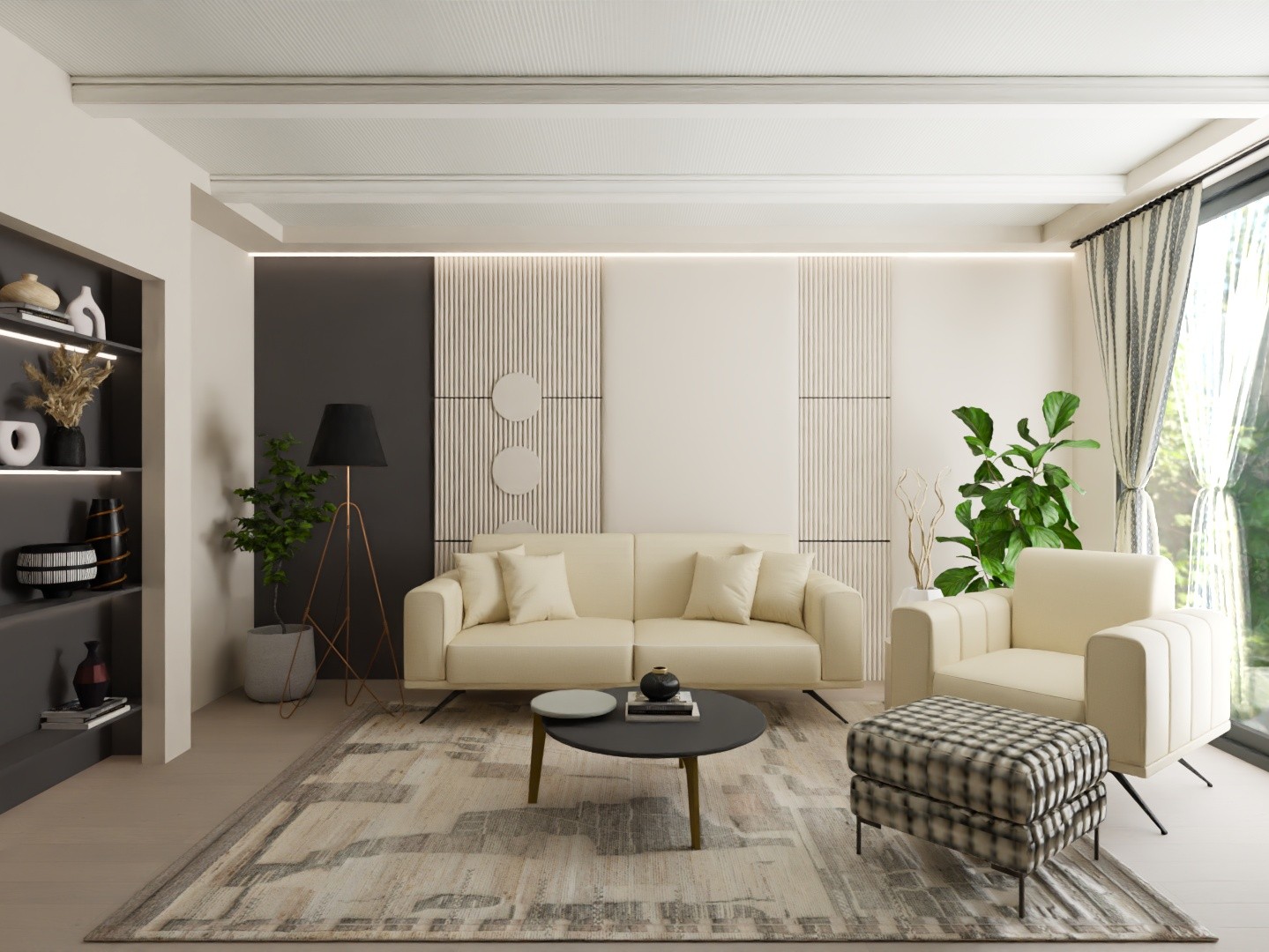 Contemporary living room with beige furniture and décor - Beautiful Homes