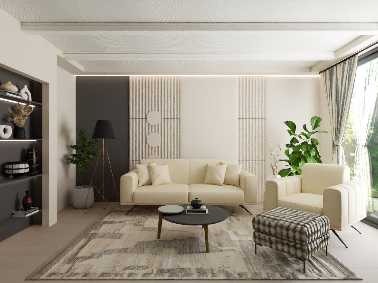 Contemporary living room with beige furniture and décor - Beautiful Homes