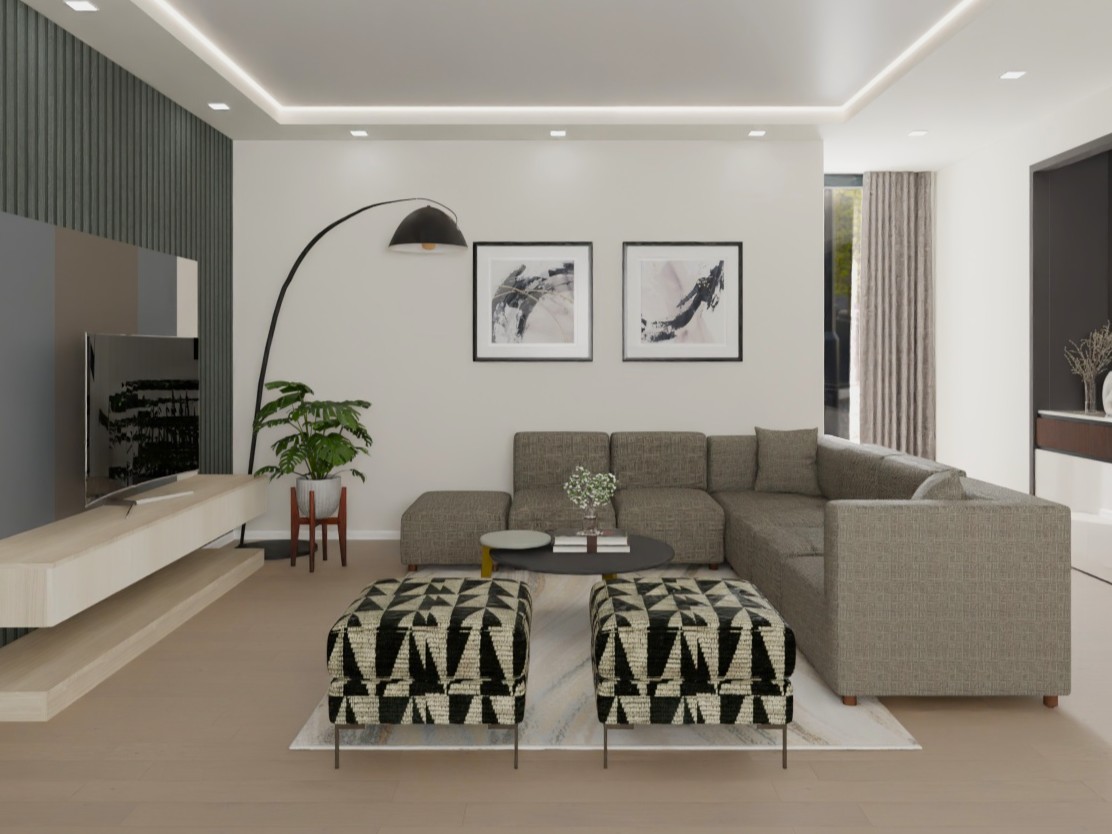 Contemporary living room with grey sofa and abstract art - Beautiful Homes