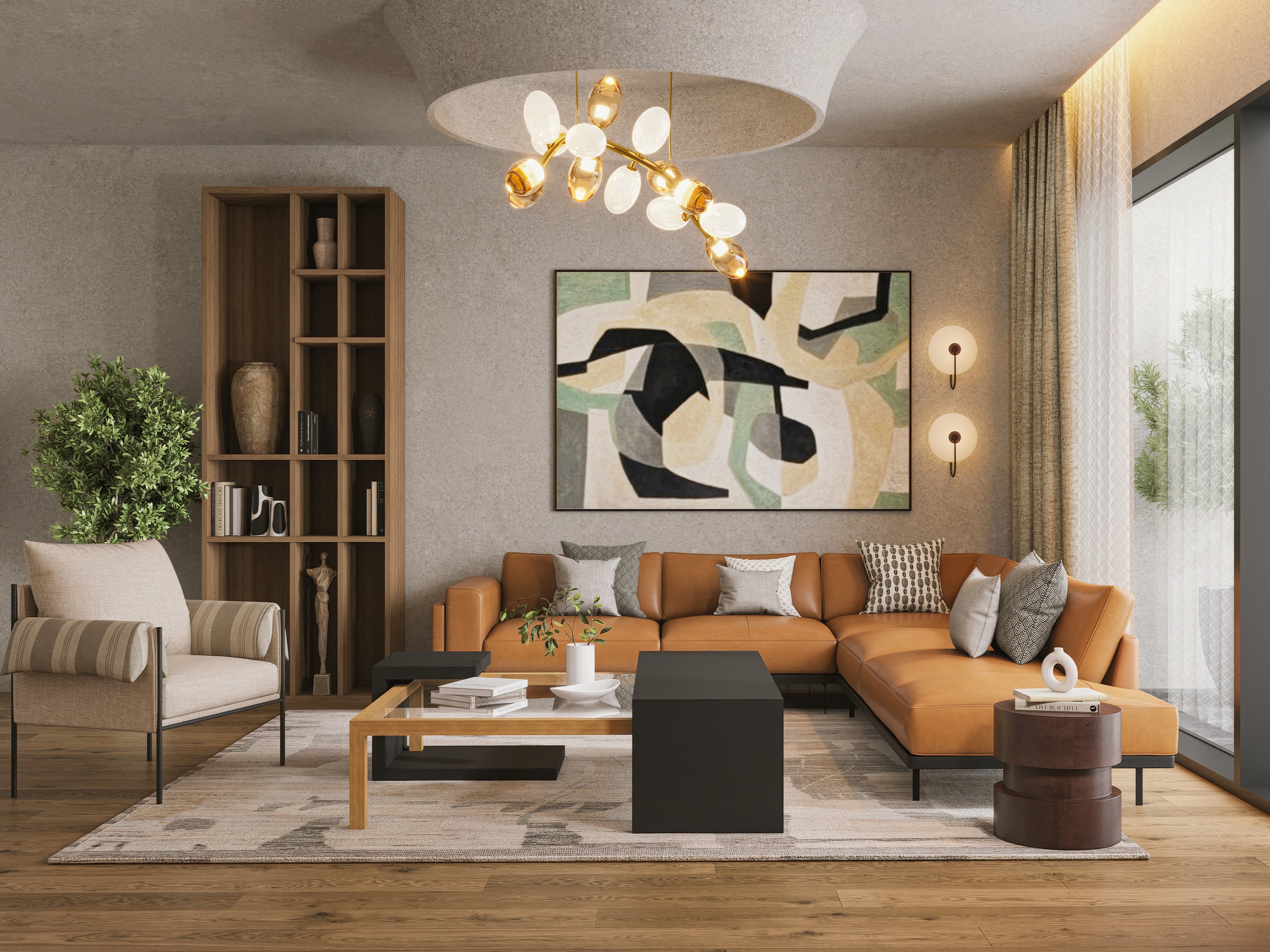 Living room with sofa, chandelier, art, wooden flooring - Beautiful Homes