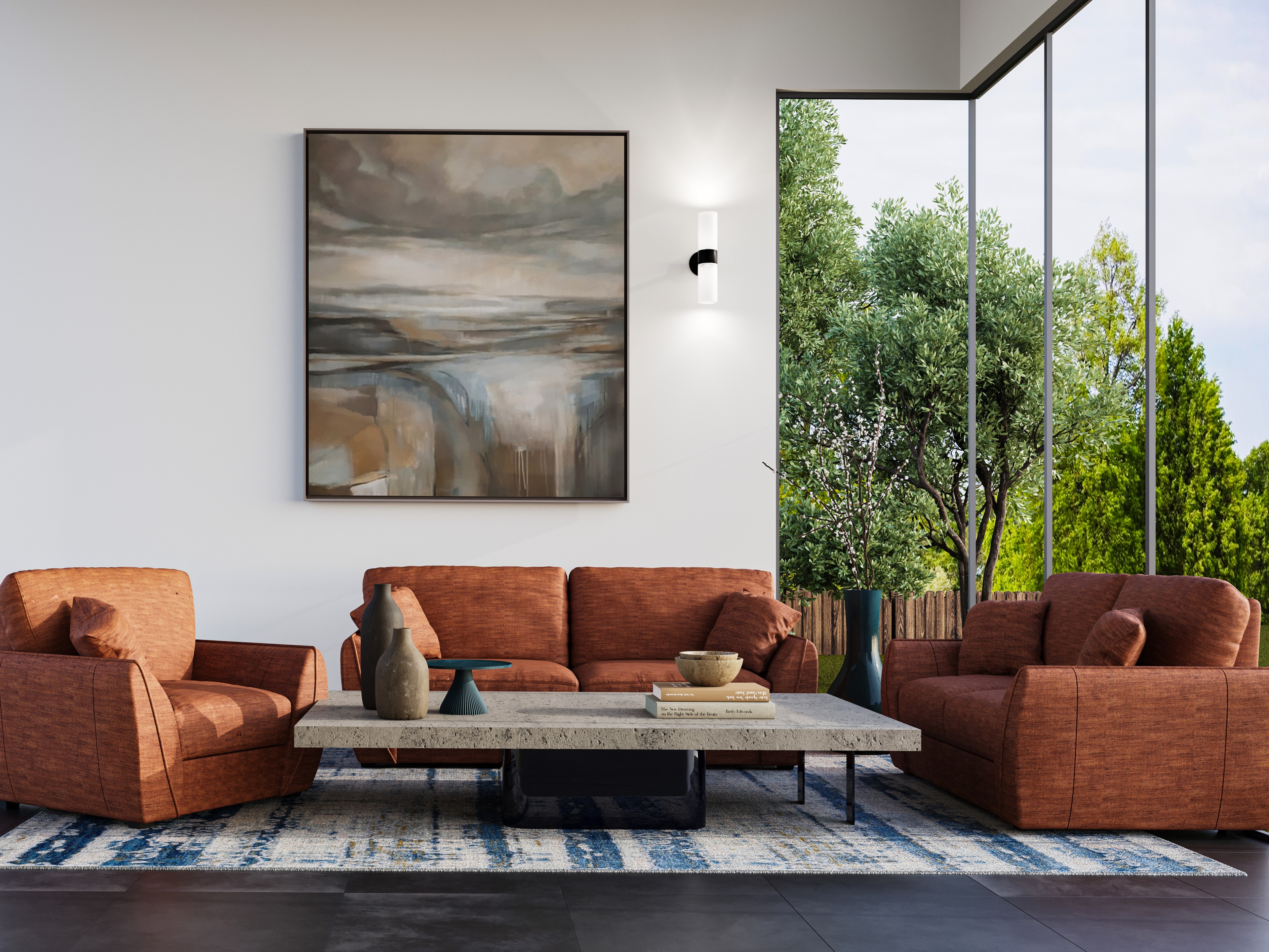 Living room with orange sofa and outdoor view - Beautiful Homes