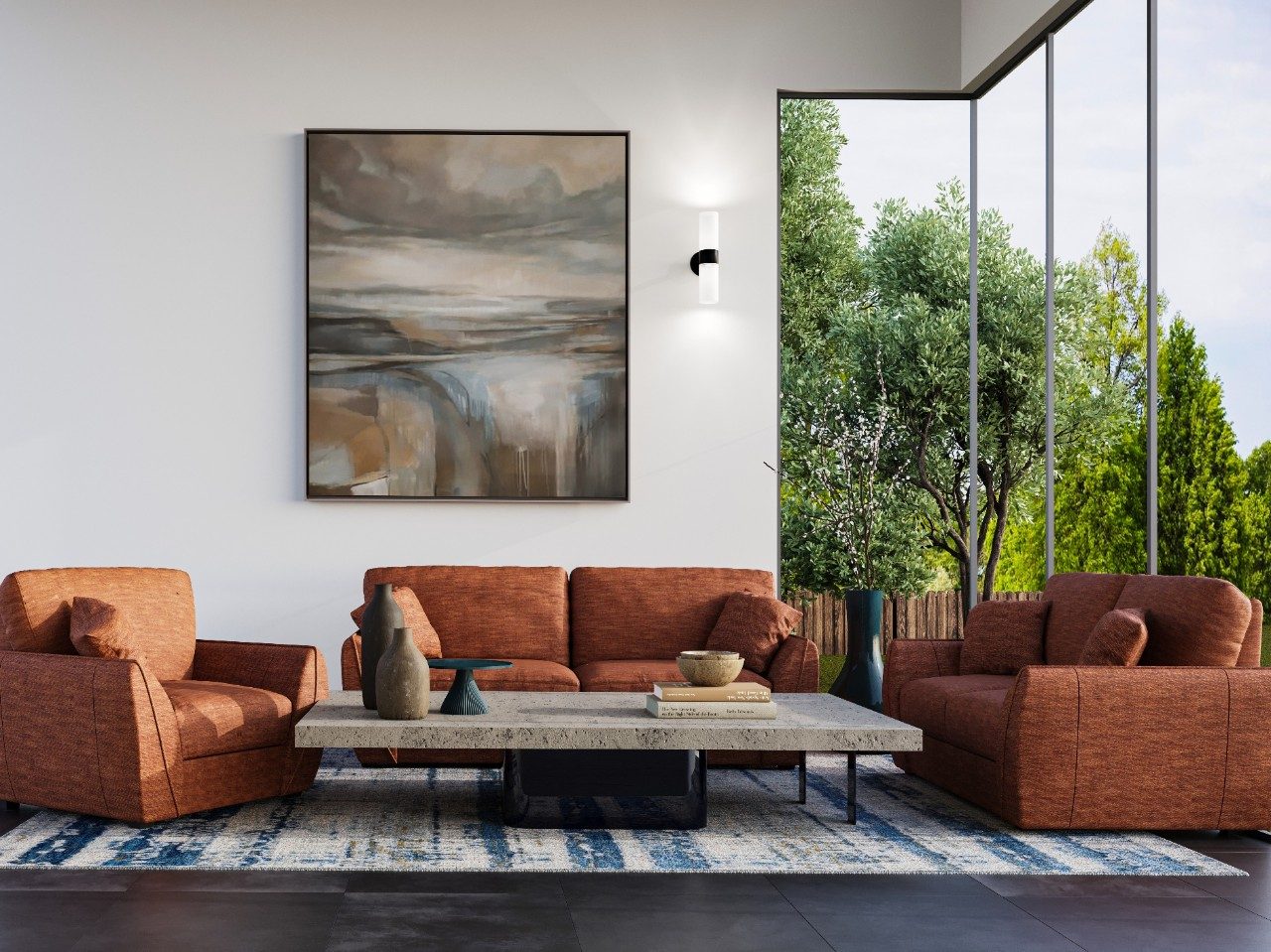 Living room with orange sofa and outdoor view - Beautiful Homes