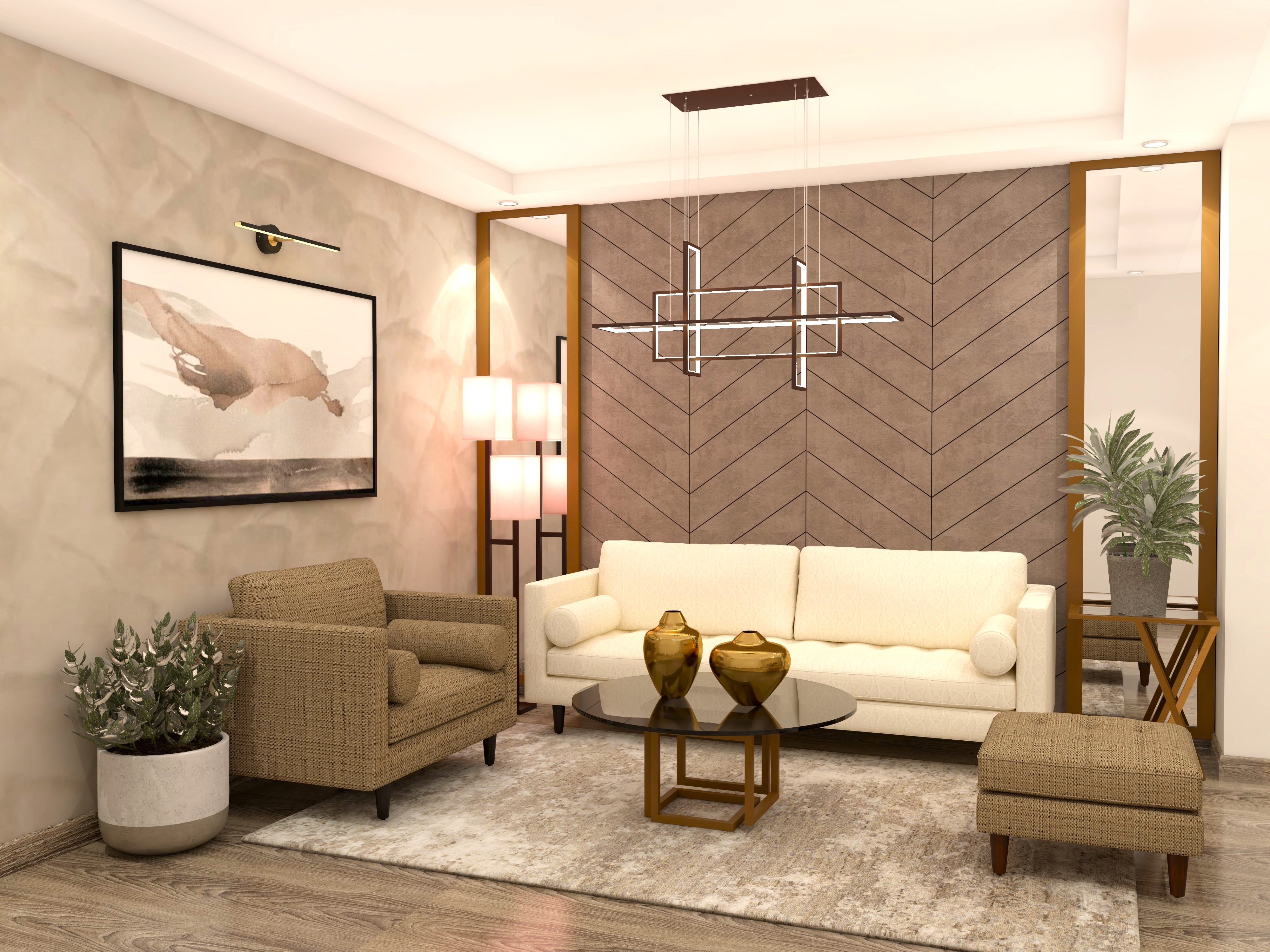 Living room with beige sofa and wooden accents - Beautiful Homes