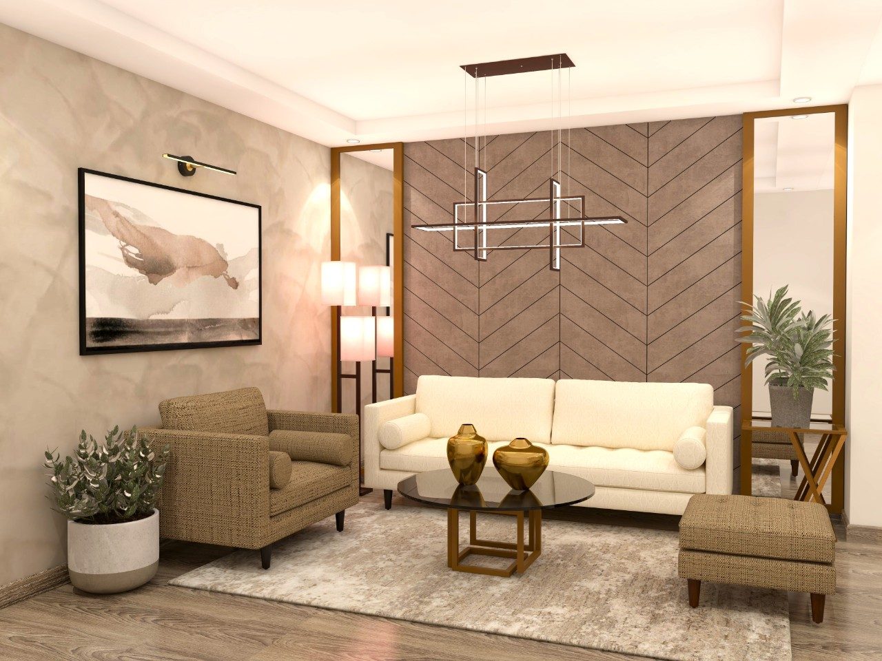 Living room with beige sofa and wooden accents - Beautiful Homes