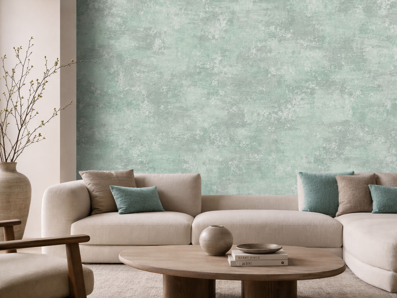 Textured sage green wallpaper with a distressed plaster-like finish in pale green, white, and soft grey tones - Beautiful Homes