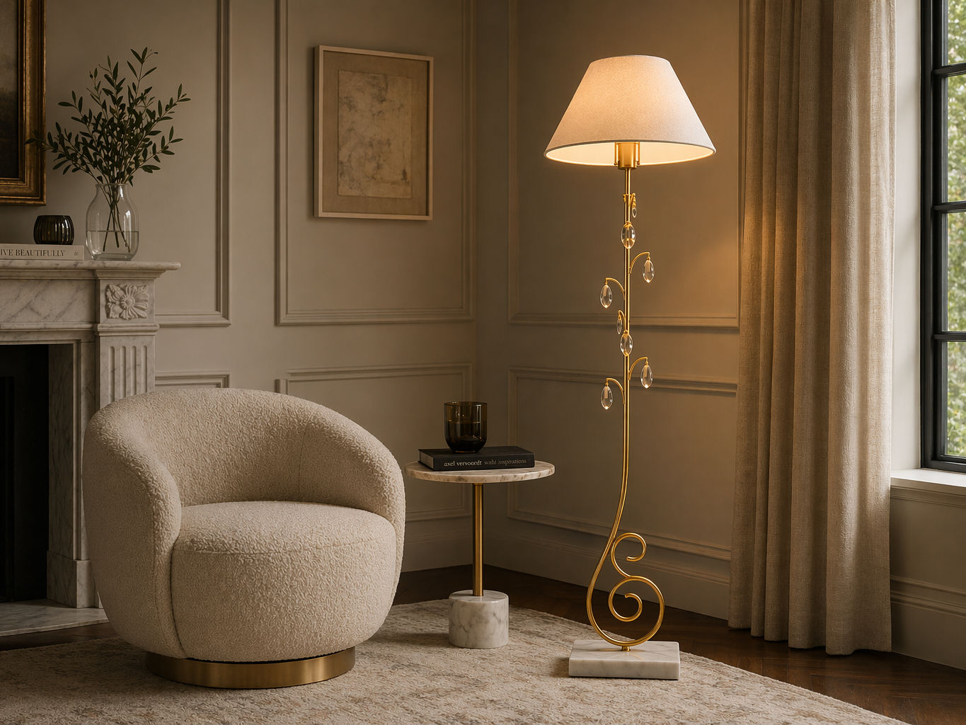 Brass floor lamp with a cream fabric shade, sculptural stem, and crystal-style hanging accents - Beautiful Homes