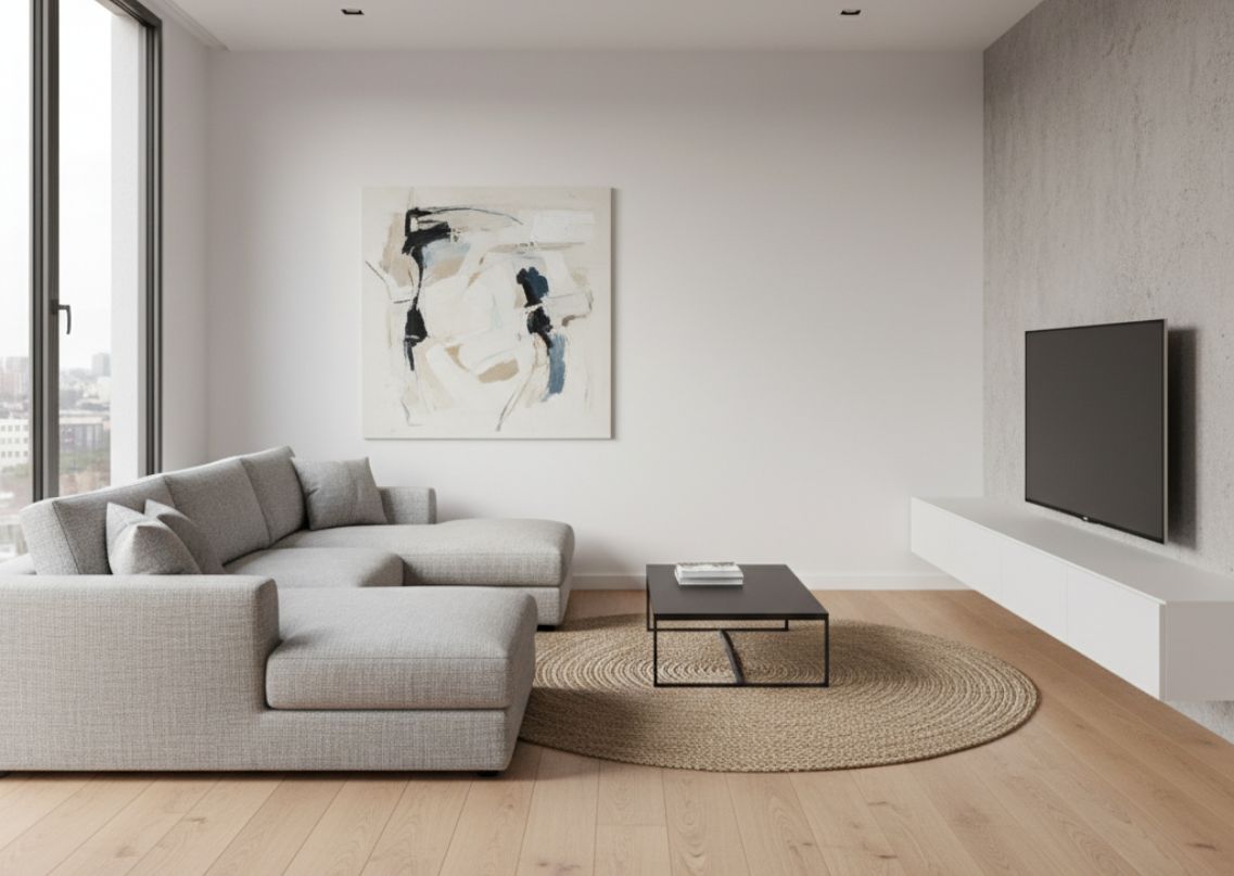 Living room with grey sofa and jute rug - Beautiful Homes