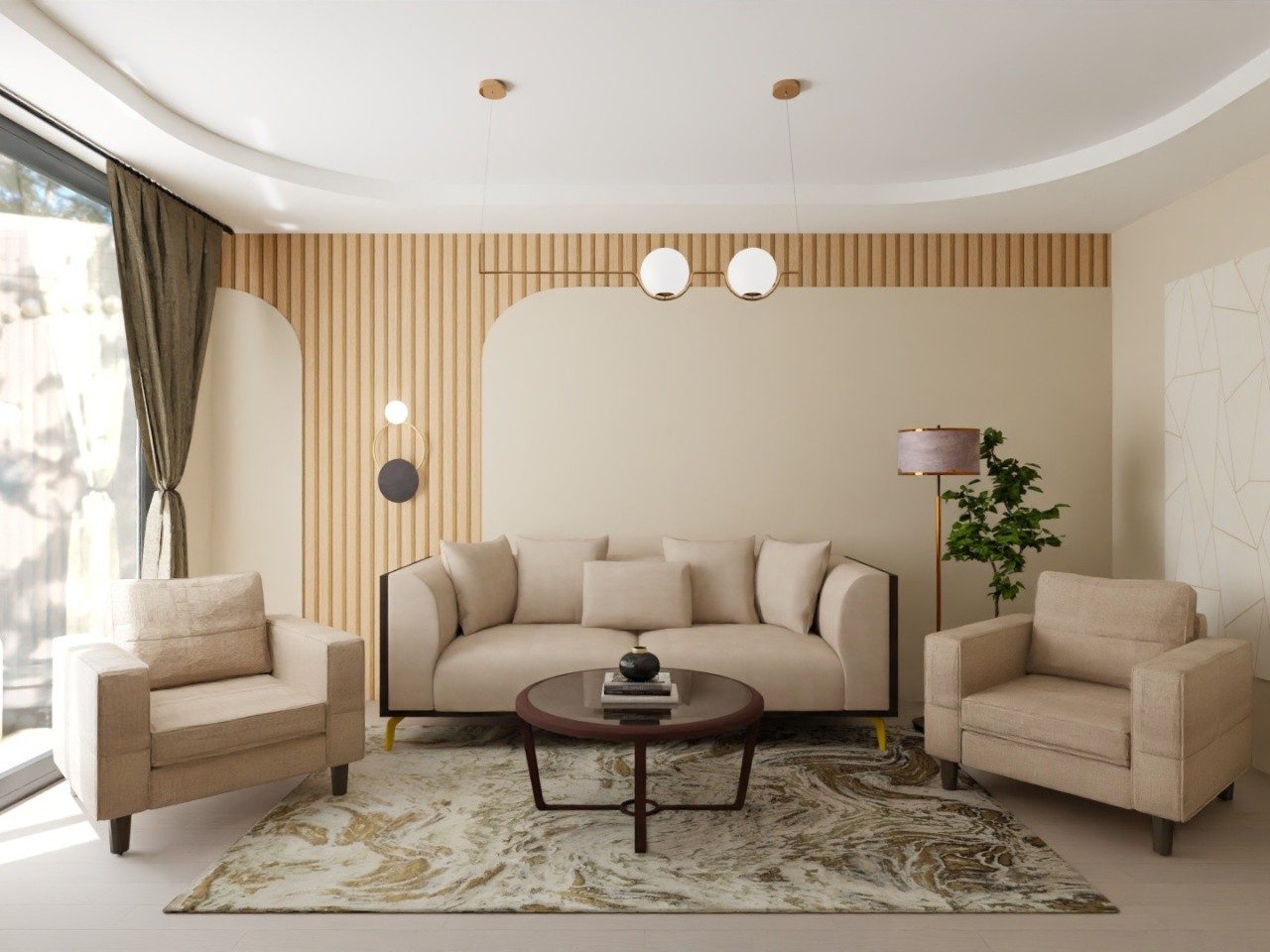 Living room with wooden paneling and beige furniture - Beautiful Homes