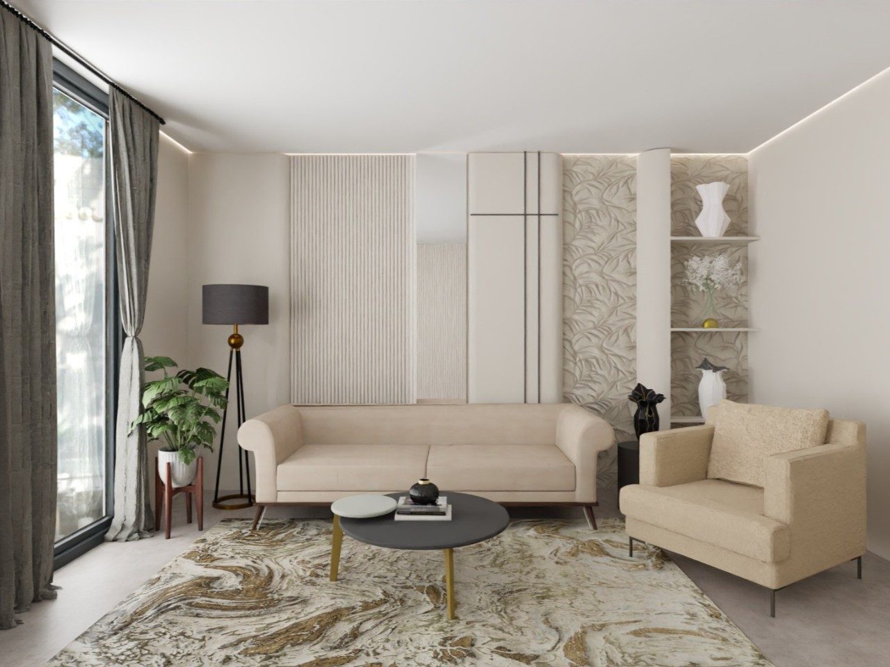 Living room with beige sofa and artistic décor - Beautiful Homes