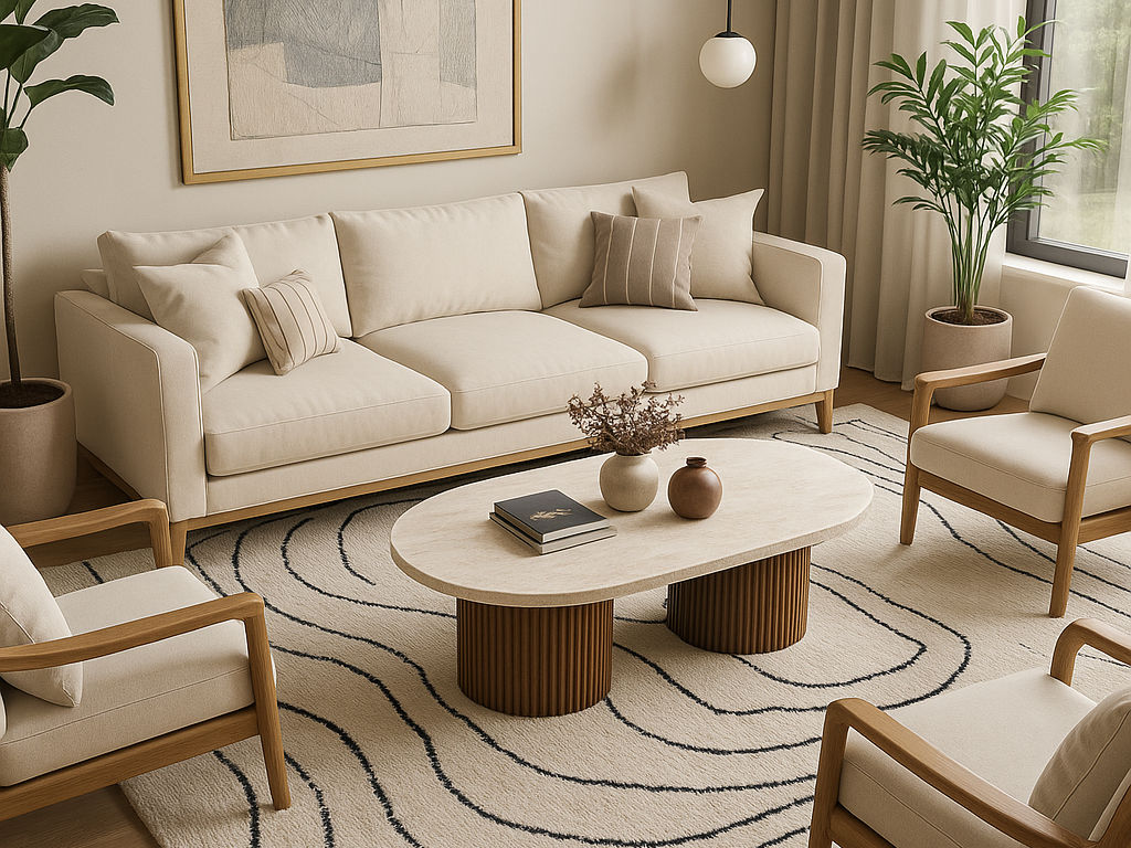 Contemporary living room featuring a cream sofa, wooden accents, and lush greenery - Beautiful Homes