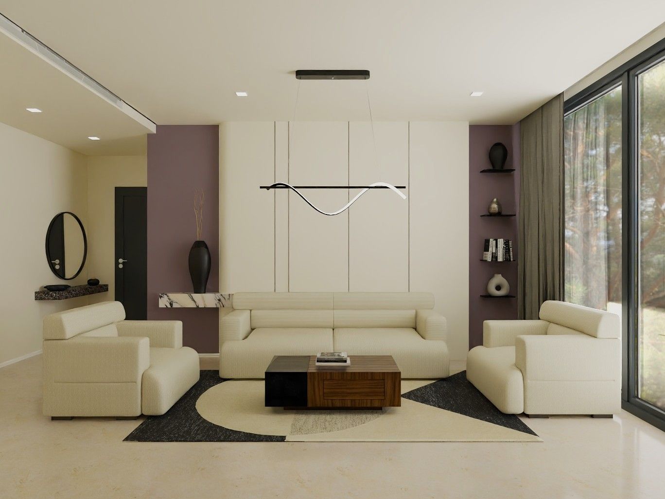 Modern living room featuring cream furniture, geometric rug, and plum wall panels - Beautiful Homes