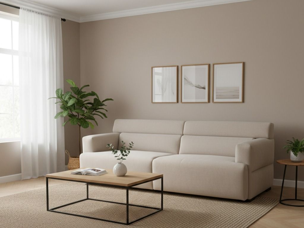 Contemporary living room featuring a modular cream sofa, wooden coffee table, and green plants - Beautiful Homes