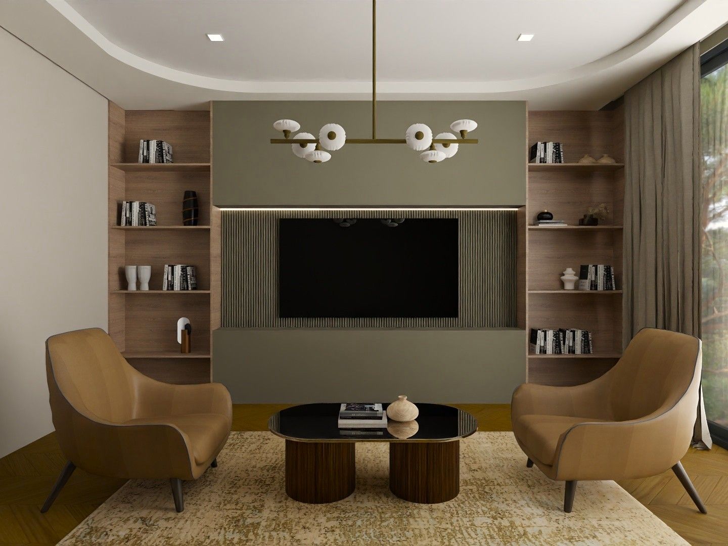 Contemporary living room featuring olive green accents, leather chairs, and a sleek TV unit - Beautiful Homes