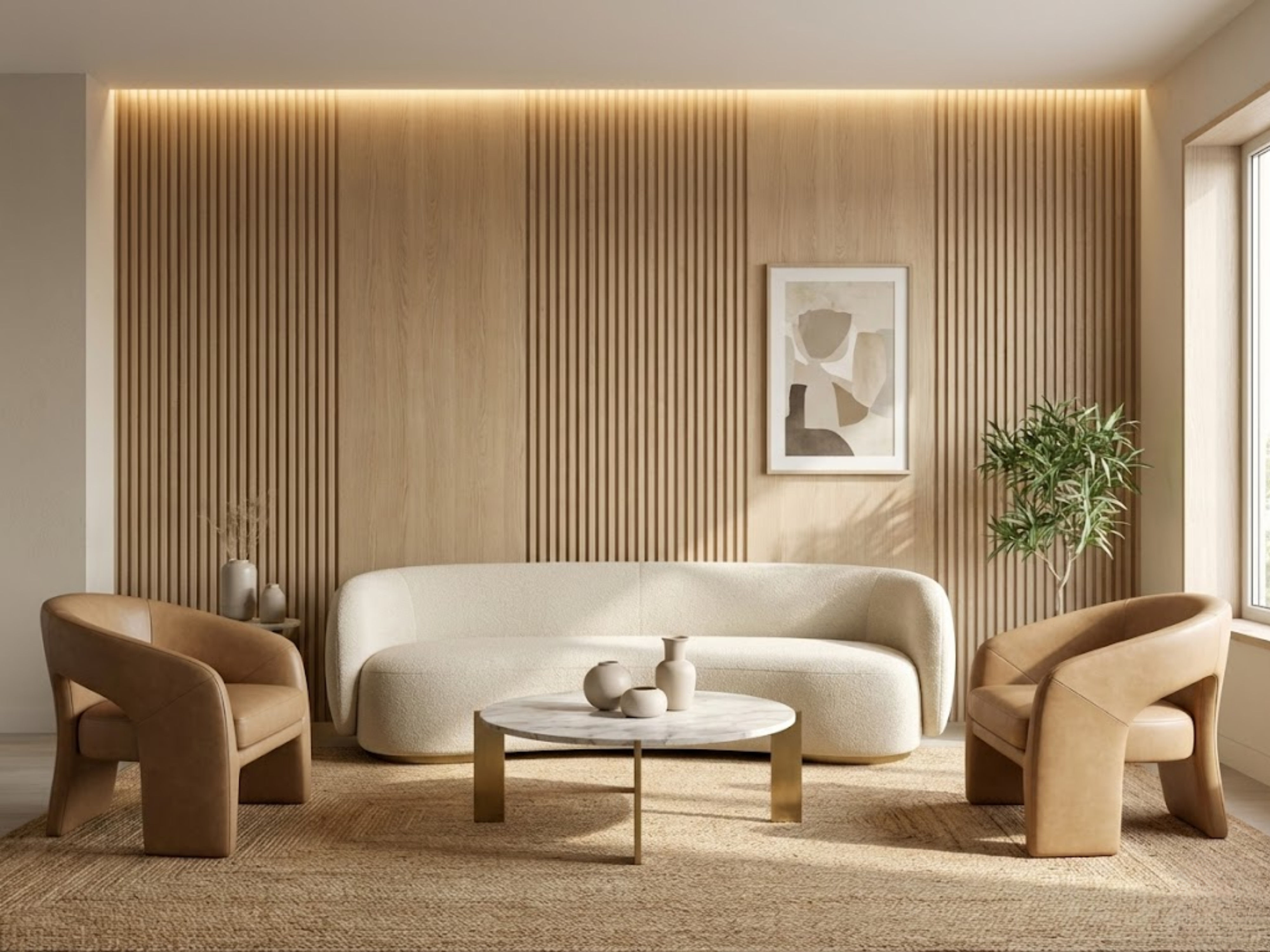 Living room with beige sofa and marble table - Beautiful Homes