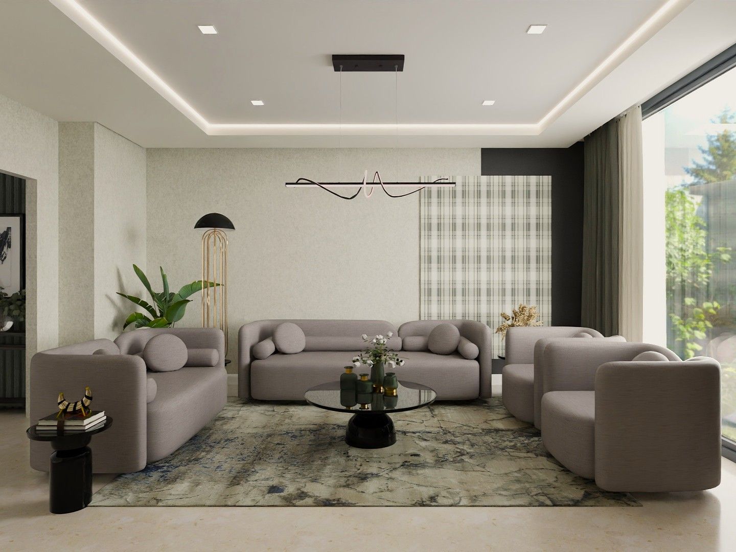 Contemporary living room featuring neutral tones, abstract rug, and a large window - Beautiful Homes