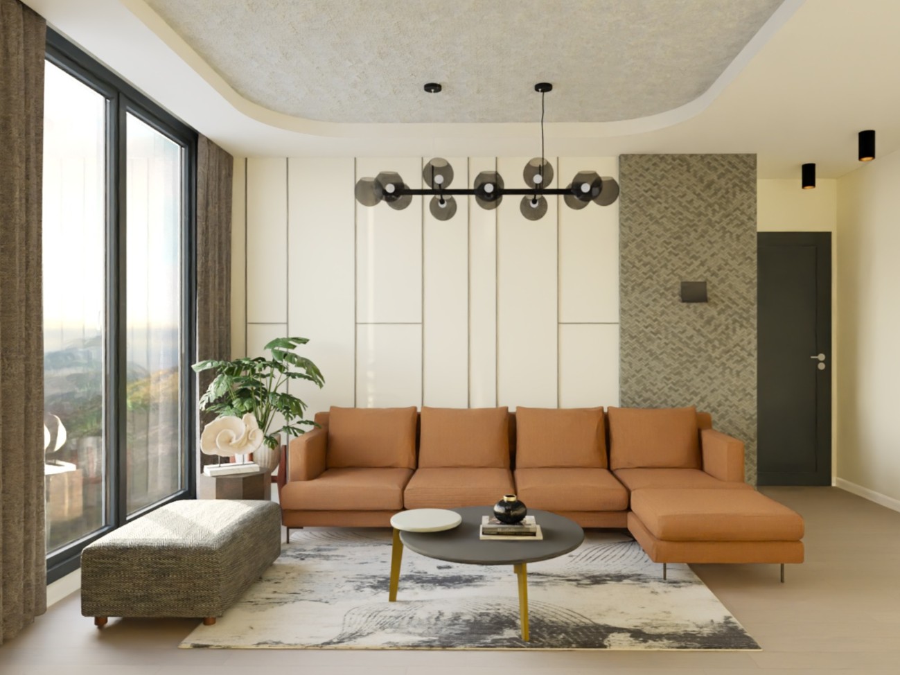 Living room with warm sofa and modern décor - Beautiful Homes