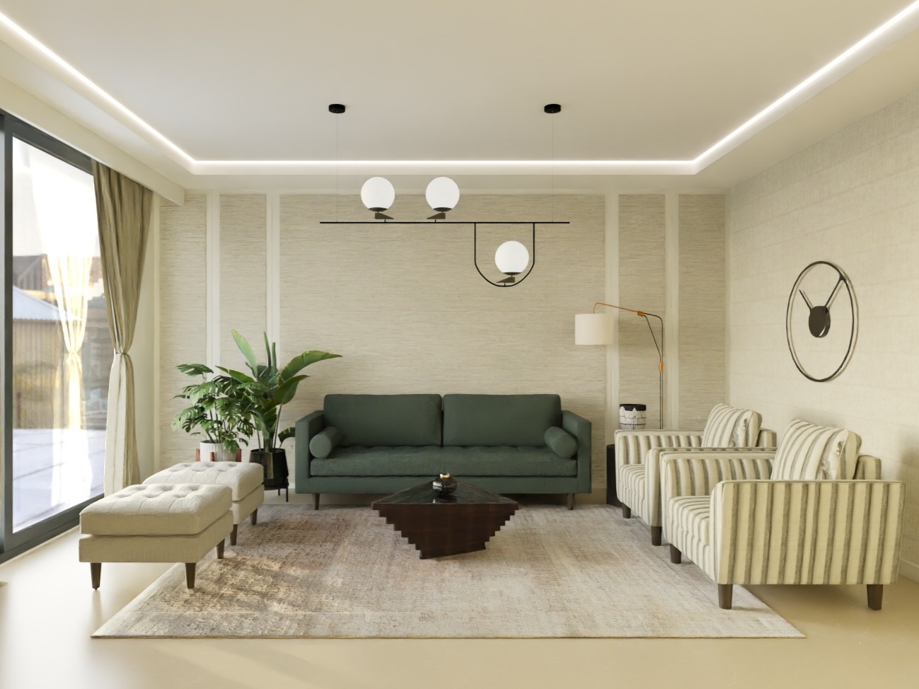Modern living room with green sofa and décor - Beautiful Homes