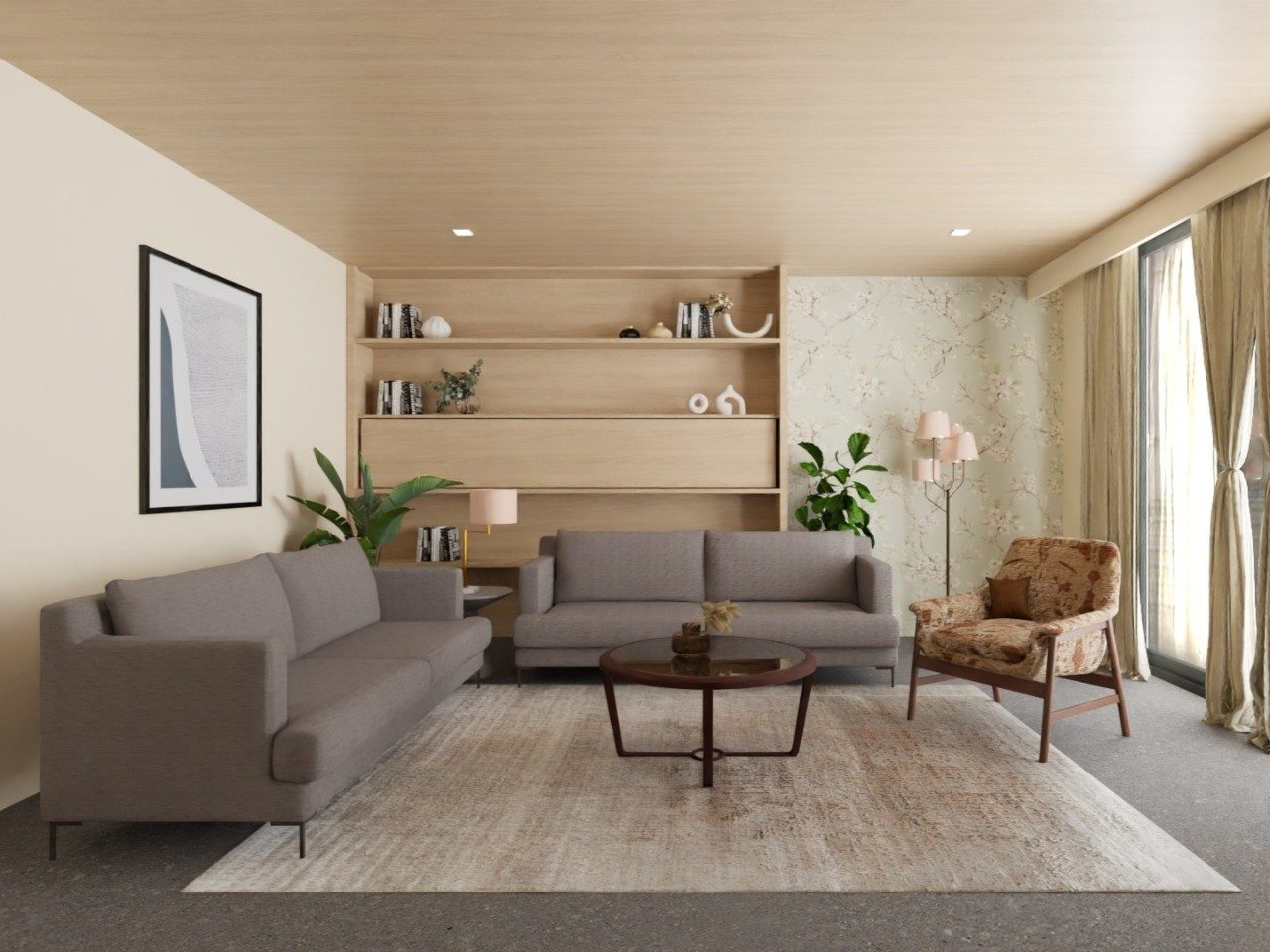 Living room with grey sofa and floral wallpaper - Beautiful Homes