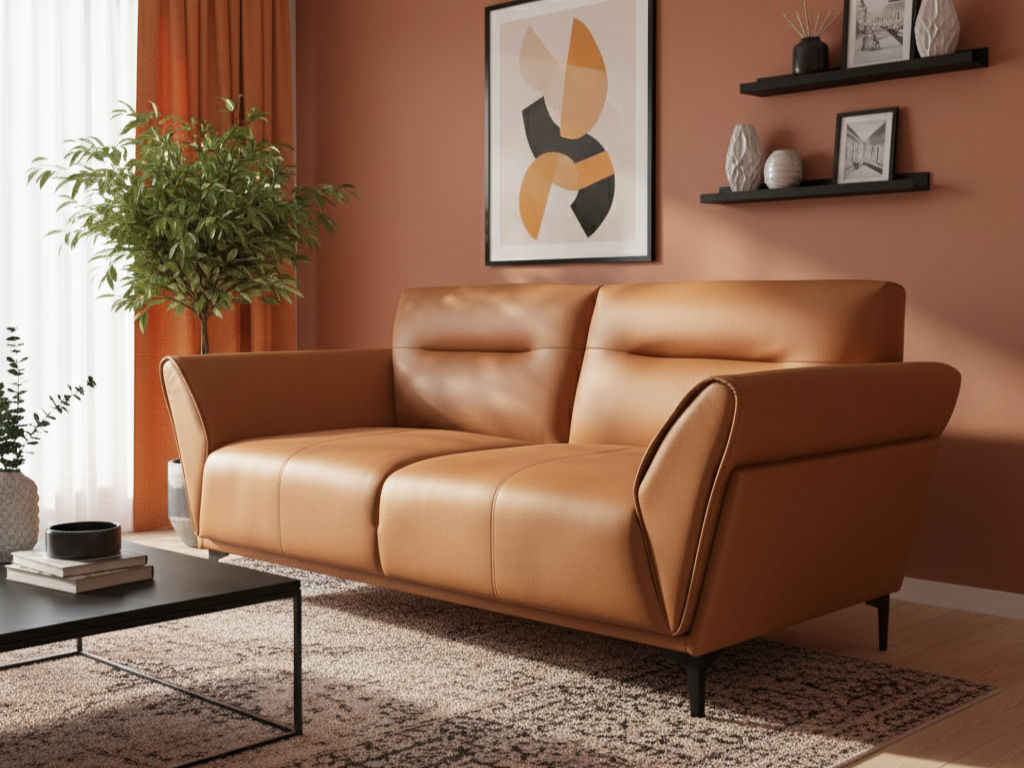 Contemporary living room featuring a tan leather sofa, floating shelves, and terracotta accents - Beautiful Homes
