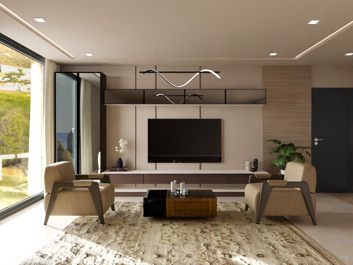 Elegant living room featuring neutral tones, a media wall, and expansive outdoor views - Beautiful Homes