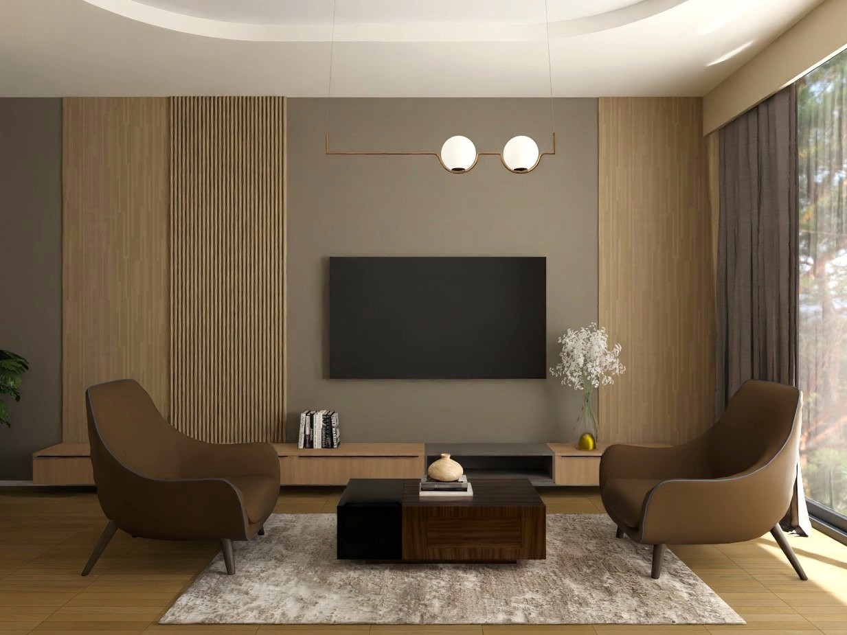 Living room with brown chairs and wooden flooring - Beautiful Homes