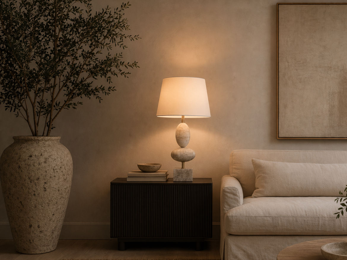 Table lamp with a cream fabric shade, stacked stone-look spherical base, brass detailing, and marble pedestal - Beautiful Homes