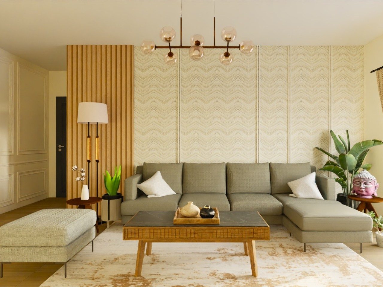 Neutral sofa with wooden table in modern living room - Beautiful Homes