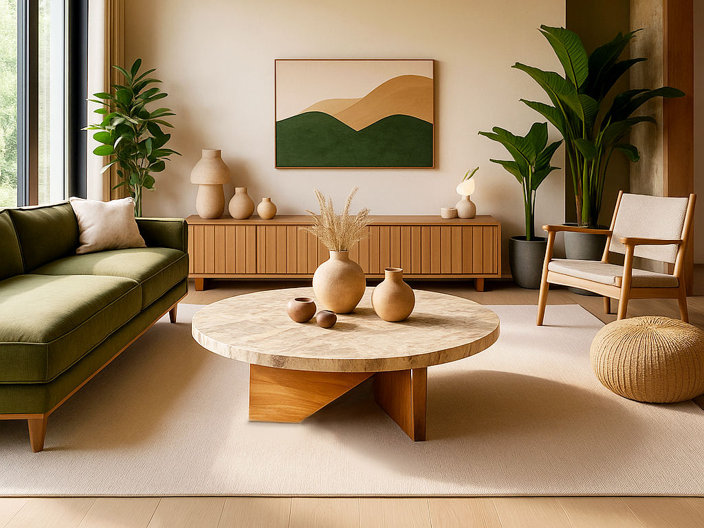 Contemporary living room featuring wooden furniture, greenery, and ceramic décor - Beautiful Homes