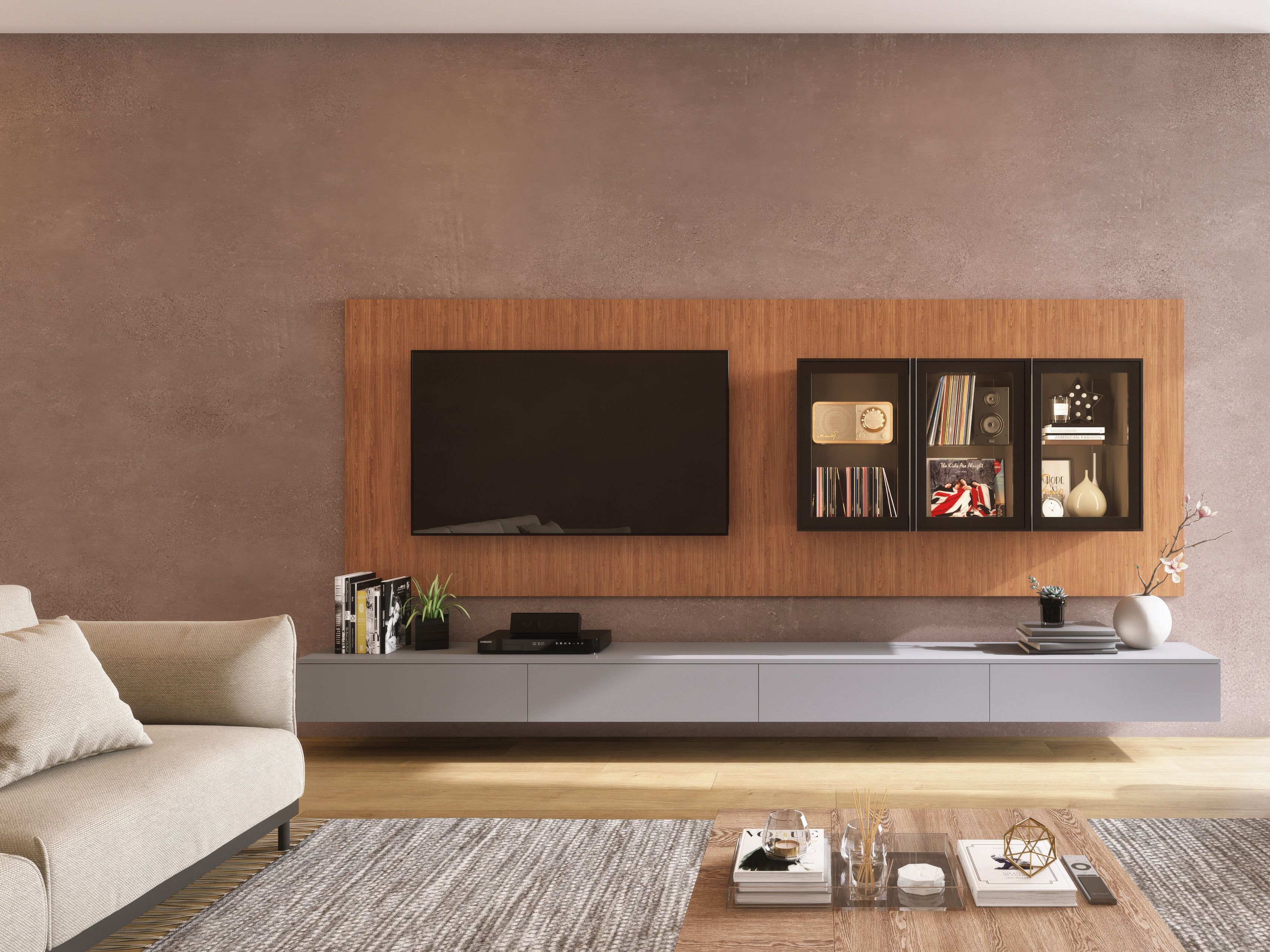 Contemporary TV unit featuring a wooden panel, floating console, and elegant décor - Beautiful Homes