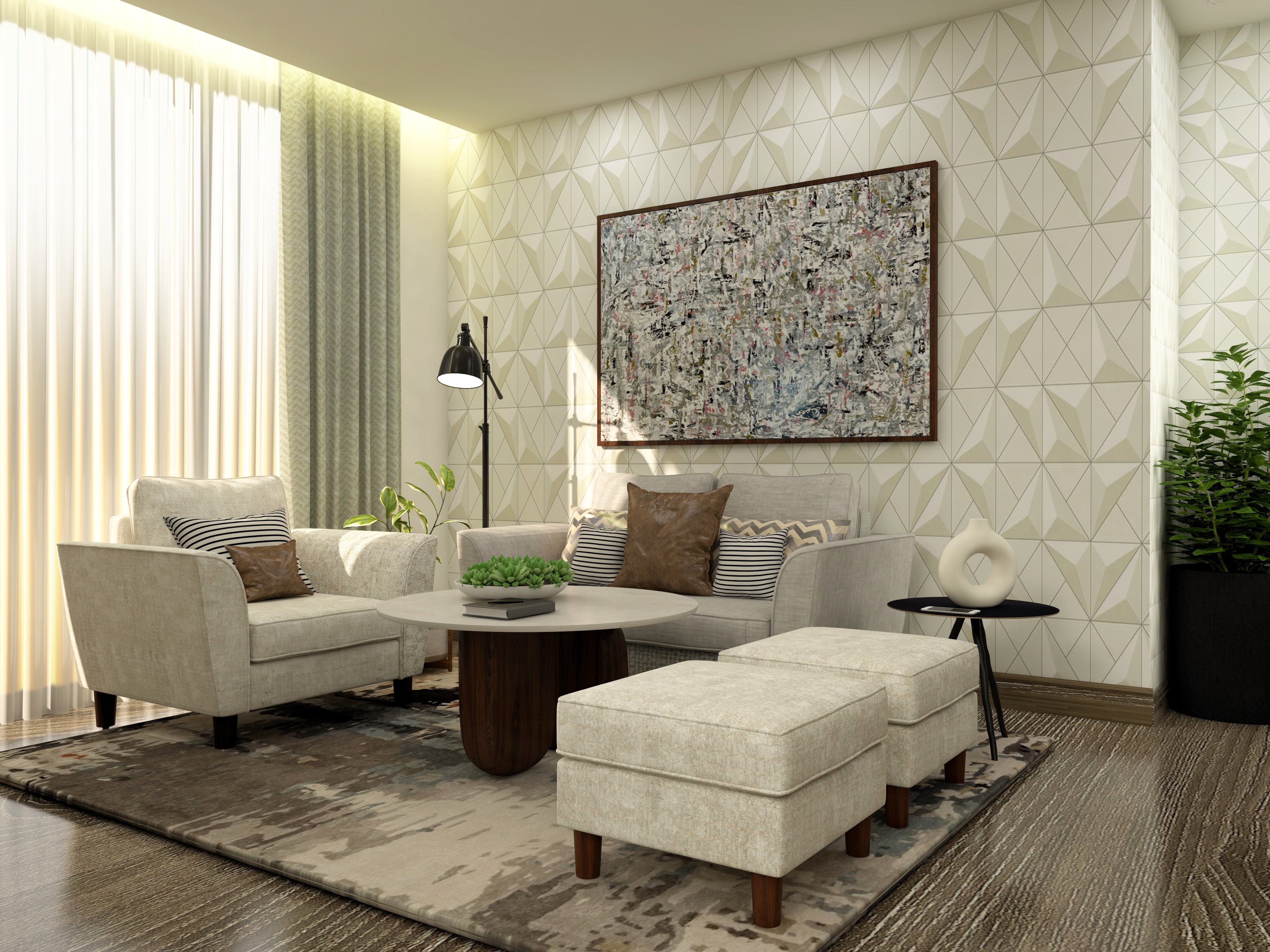 Modern u-shaped living room with cream upholstered seating - Beautiful Homes