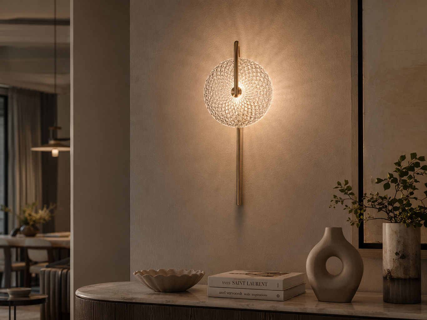 Wall-mounted brass light with a textured glass globe shade - Beautiful Homes