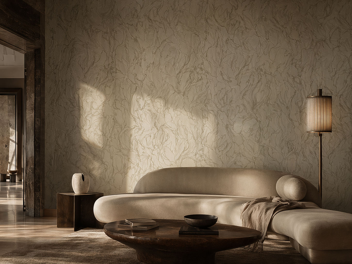 Light beige and taupe wallpaper with a delicate veined pattern - Beautiful Homes