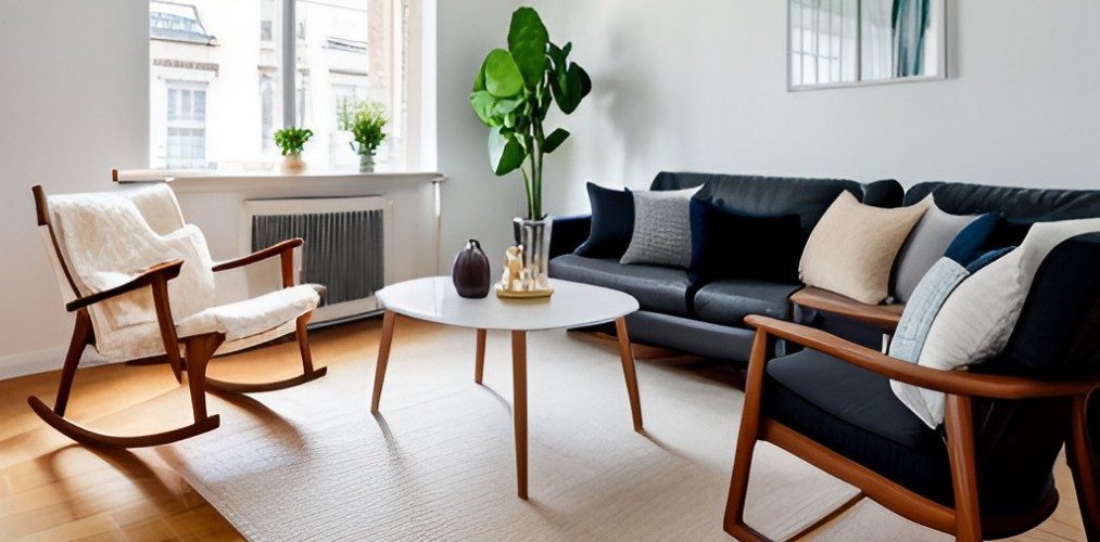 White living room with black sofa and rocking chair-BeautifulHomes