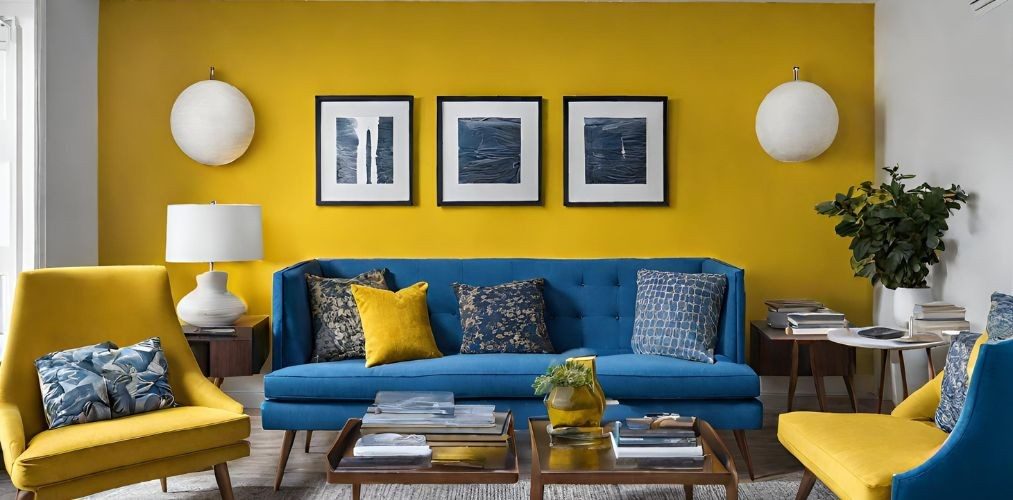 Modern yellow and blue living room with framed wall artwork - Beautiful Homes